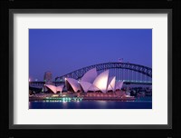 Opera house lit up at dusk, Sydney Opera House, Sydney Harbor Bridge, Sydney, Australia Fine Art Print