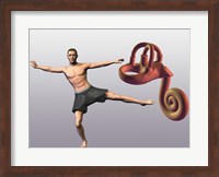 Man standing on one leg near a human ear model Fine Art Print