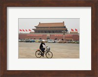 Tourist riding a bicycle at a town square, Tiananmen Gate Of Heavenly Peace, Tiananmen Square, Beijing, China Fine Art Print