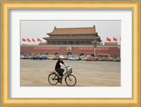 Tourist riding a bicycle at a town square, Tiananmen Gate Of Heavenly Peace, Tiananmen Square, Beijing, China Fine Art Print