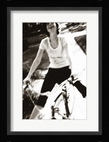 Young woman riding a bicycle - black & white Fine Art Print