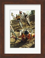 Young man falling off his bicycle in a race Fine Art Print