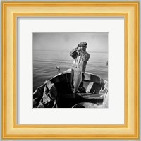 Hauling in a cod aboard a Portuguese fishing dory off Cape Cod, Massachusetts Fine Art Print