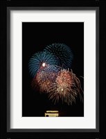 Fireworks display at night with a memorial in the background, Lincoln Memorial, Washington DC, USA Framed Print