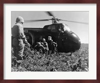 Korea, US Marine Corps, soldiers exiting military helicopter Fine Art Print
