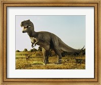 Tyrannosaur Stealing The Kill Thescelosaur From Dromeosaurs Fine Art Print