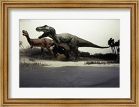 Side profile of a tyrannosaurus rex chasing an albertosaurus Fine Art Print