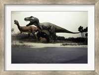 Side profile of a tyrannosaurus rex chasing an albertosaurus Fine Art Print