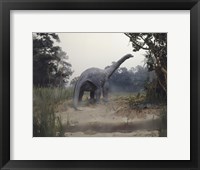 Rear view of an alamosaurus walking in a forest Fine Art Print
