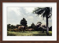 Side profile of a tyrannosaur attacking a group of anatosaurus Fine Art Print