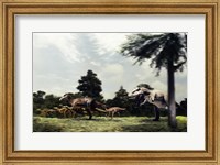 Side profile of a tyrannosaur attacking a group of anatosaurus Fine Art Print