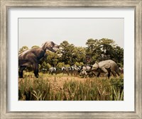Tyrannosaur standing in front of a group of triceratops in a field Fine Art Print
