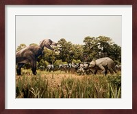 Tyrannosaur standing in front of a group of triceratops in a field Fine Art Print