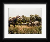 Tyrannosaur standing in front of a group of triceratops in a field Fine Art Print