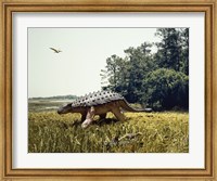 Ankylosaur walking in a field and a pteranodon flying in the sky Fine Art Print