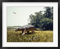 Ankylosaur walking in a field and a pteranodon flying in the sky Fine Art Print