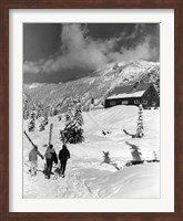 USA, Washington state, three people carrying their skis Fine Art Print