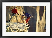 Two hikers with ropes at the edge of a cliff Fine Art Print