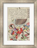 Debris from Russian battleship falling to the bottom of the sea where it is being salvaged by fish wearing kimonos Fine Art Print