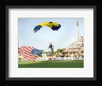 U.S. Navy Demonstration Parachute Team, the Leap Frogs, Lands at the 50 Yard Line of Aggie Stadium Greensboro NC Fine Art Print