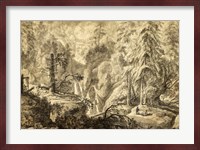 Mountain Landscape, Peasants in a Clearing near a Waterfall Fine Art Print