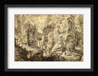 Mountain Landscape, Peasants in a Clearing near a Waterfall Fine Art Print