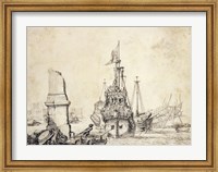 A Ship in a Port with a Ruined Obelisk Fine Art Print