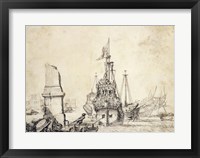 A Ship in a Port with a Ruined Obelisk Fine Art Print