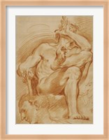 A Seated Nude Man, A Youthful Head, and a Caricature Head of a Man Playing a Pipe Fine Art Print
