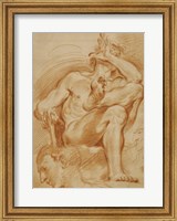 A Seated Nude Man, A Youthful Head, and a Caricature Head of a Man Playing a Pipe Fine Art Print