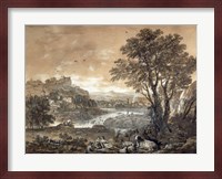 A Landscape with Shepherds Resting Under a Tree by a Cascade Fine Art Print