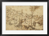 Landscape with Shepherds by a River and a Town Beyond Fine Art Print