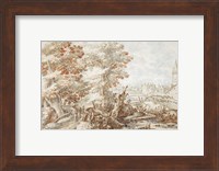 A Wooded Landscape with Travelers by a Stream, a Town Beyond Fine Art Print