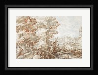 A Wooded Landscape with Travelers by a Stream, a Town Beyond Fine Art Print