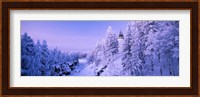Snow covered trees in front of a hotel, Imatra State Hotel, Imatra, Finland Fine Art Print