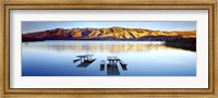 Picnic tables in the lake, Diaz Recreation Area Lake, Lone Pine, California, USA Fine Art Print