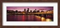 Skyscrapers lit up at sunset, Willamette River, Portland, Oregon, USA Fine Art Print