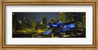 Low angle view of buildings lit up at night, Pritzker Pavilion, Millennium Park, Chicago, Illinois, USA Fine Art Print