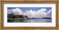 Boats docked in a bay, Cabbage Key, Sunshine Skyway Bridge in Distance, Tampa Bay, Florida, USA Fine Art Print