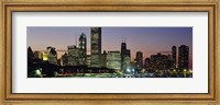 Buildings lit up at dusk, Lake Michigan, Chicago, Cook County, Illinois, USA Fine Art Print