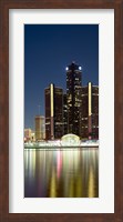 Skyscrapers lit up at dusk, Renaissance Center, Detroit River, Detroit, Michigan, USA Fine Art Print