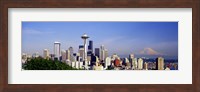 Skyscrapers with mountain in the background, Mt Rainier, Mt Rainier National Park, Space Needle, Seattle, Washington State, USA Fine Art Print