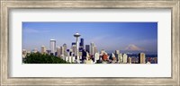 Skyscrapers with mountain in the background, Mt Rainier, Mt Rainier National Park, Space Needle, Seattle, Washington State, USA Fine Art Print