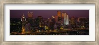 High angle view of buildings lit up at night, Pittsburgh, Pennsylvania, USA Fine Art Print