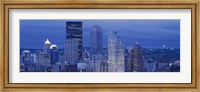 High angle view of skyscrapers lit up at dusk, Pittsburgh, Pennsylvania, USA Fine Art Print