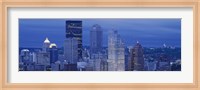 High angle view of skyscrapers lit up at dusk, Pittsburgh, Pennsylvania, USA Fine Art Print