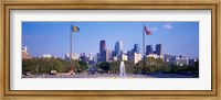 Fountain at art museum with city skyline, Philadelphia, Pennsylvania, USA Fine Art Print