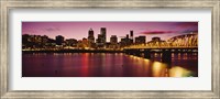 Skyscrapers lit up at sunset, Willamette River, Portland, Oregon, USA Fine Art Print