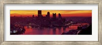 Silhouette of buildings at dawn, Three Rivers Stadium, Pittsburgh, Allegheny County, Pennsylvania, USA Fine Art Print