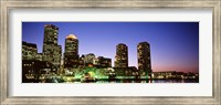 Skyscrapers at the waterfront lit up at night, Boston, Massachusetts, USA Fine Art Print